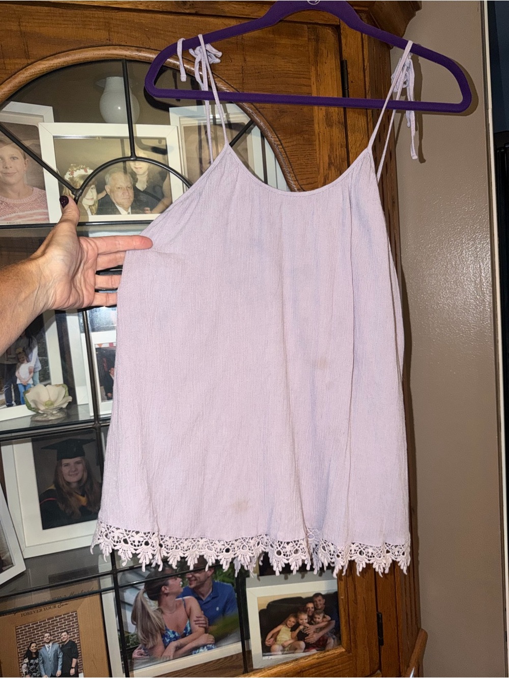 MED Crochet-Hem Tie-Strap Camisole. Couple spots but adorable. MUST BE BUNDLED